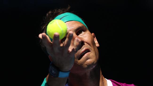 Rafael Nadal of Spain serves in his Men's Singles Quarterfinals match against Denis Shapovalov