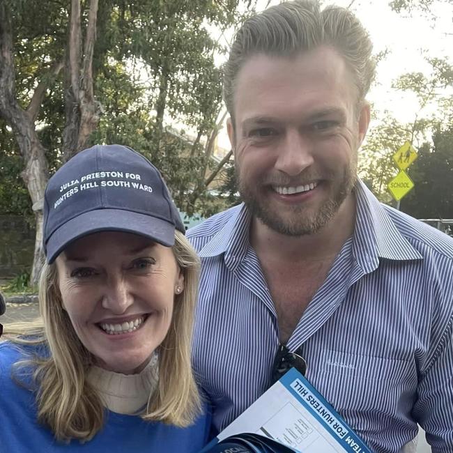 Hunters Hill Council Liberal mayoral candidate Zac Miles with deputy NSW Liberal Leader Natalie Ward, on the hustings at the 2024 council election. Picture: Facebook