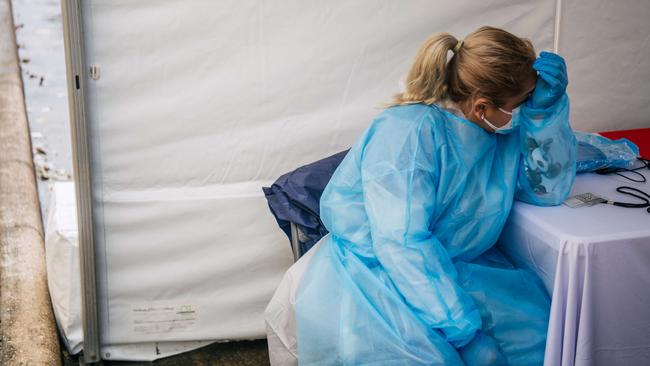 A medic at a testing centre in Houston takes a rest. Picture: AFP