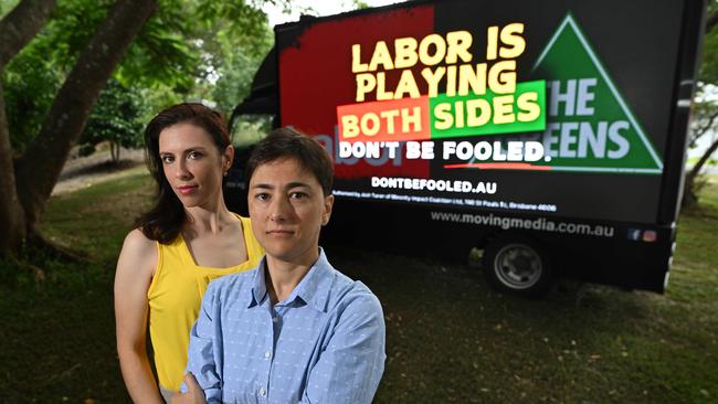 Queensland Jewish Collective co-directors Roz Mendelle and Hava Mendelle, with their mobile billboard part of a new campaign against federal Labor in Indooroopilly, Brisbane. Picture: Lyndon Mechielsen/The Australian