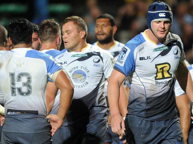 Western Force's Ross Haylett-Petty (right) reacts after the Hurricanes score a try during the Round 4 Super Rugby match between the Hurricanes and the Western Force at the Central Energy Trust Arena in Palmerston North, New Zealand, Friday, March 18, 2016. (AAP Image/SNPA, Ross Setford) NO ARCHIVING, EDITORIAL USE ONLY