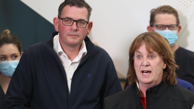 Premier Daniel Andrews with ANMF’s Lisa Fitzpatrick. Picture: NCA NewsWire / David Crosling