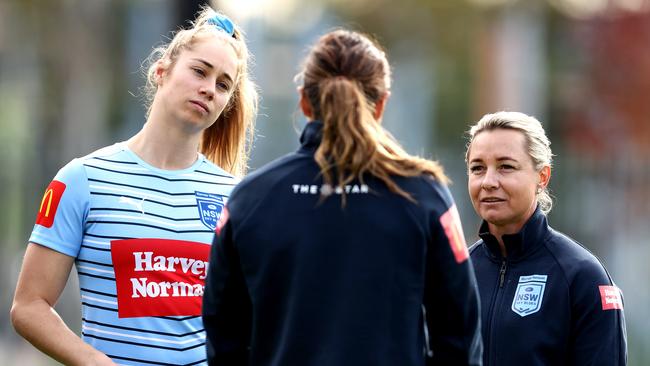 Kezie Apps and NSW coach Kylie Hilder are working hard to bring down the Maroons. Picture: Getty Images