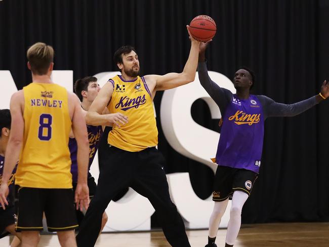 Andrew Bogut’s intensity shows he means business. Picture: Brett Costello