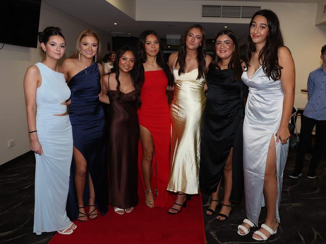 MELBOURNE, AUSTRALIA – JUNE 14 2024 Haylee Wilson, Madison Micallef, Alaynna Abuan, Rae Collins, Mia Calleja, Mackenzie, Kya Smith attend the Lowanna College Senior Formal 2024 at the Moe Racing Club Picture: Brendan Beckett