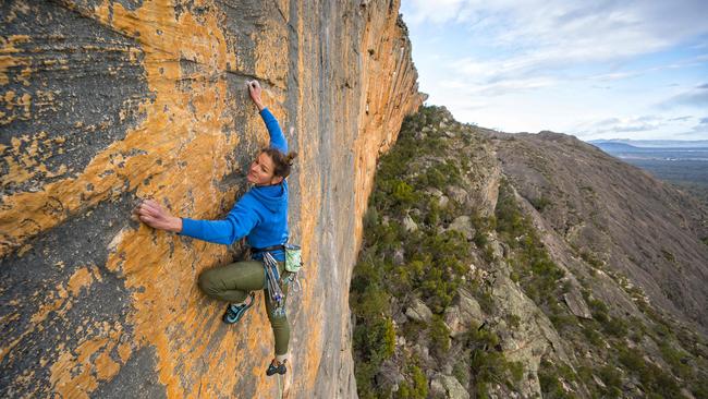 Rock climber Kerrin Gale scales a wall in Victoria’s Grampians National Park. Picture: Simon Carter