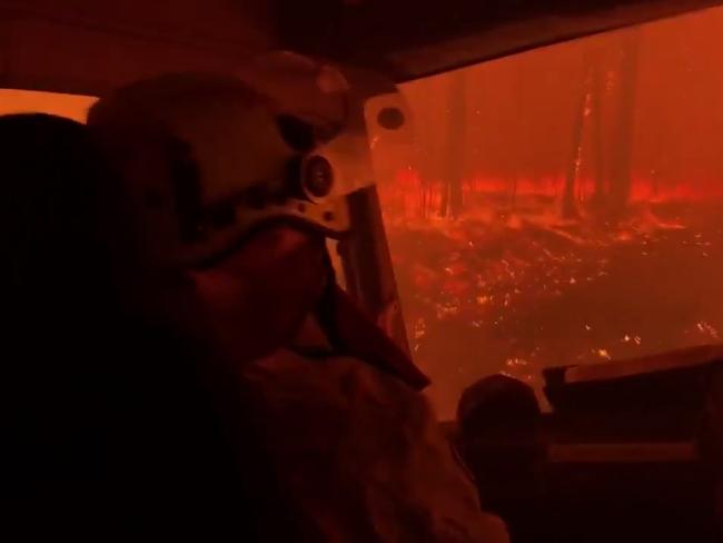 The video shot from inside the truck showed the moment their truck was overrun by the bushfire burning south of Nowra. Picture: NSW Fire and Rescue