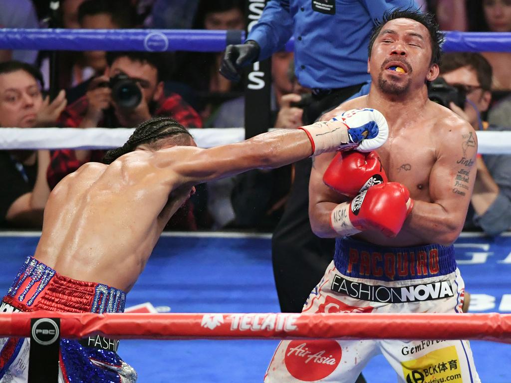 Keith Thurman lands a big right hand on Manny Pacquiao in their 2019 fight. Picture: Getty Images