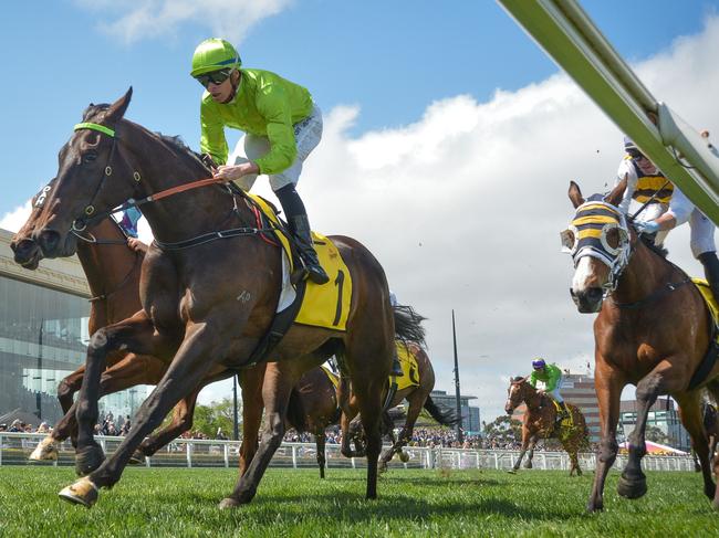 Too Darn Discreet ridden by Michael Dee wins the Schweppes Ethereal Stakes at Caulfield Racecourse. Picture: Getty Images