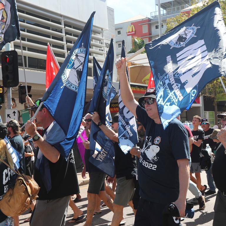 Hundreds of Territorians marched through Darwin for the annual May Day march, celebrating union victories including the eight-hour work week, on Monday, May 5. Picture: Zizi Averill