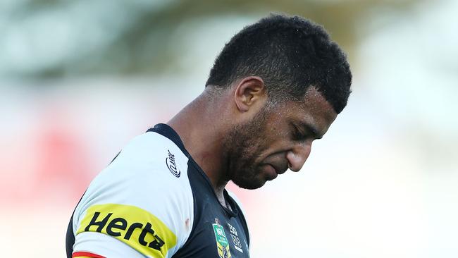 SYDNEY, AUSTRALIA — AUGUST 18: Viliame Kikau of the Panthers is sent to the sin bin during the round 23 NRL match between the Penrith Panthers and the Newcastle Knights at Panthers Stadium on August 18, 2018 in Sydney, Australia. (Photo by Matt Blyth/Getty Images)