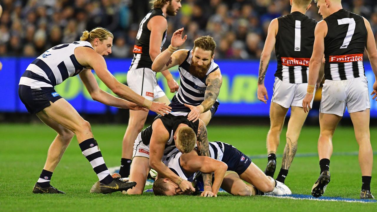 Fans were struggling to tell Geelong and Collingwood players apart at the MCG. Picture: Stephen Harman
