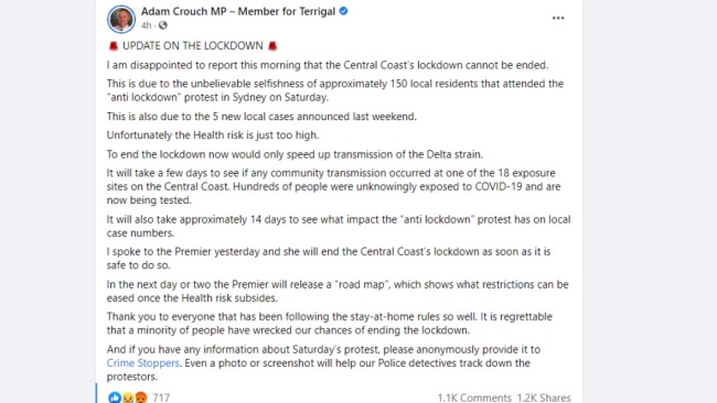 Member for Terrigal Adam Crouch on Tuesday morning said he was 'disappointed to report' that Central Coast’s lockdown 'cannot be ended'. Picture: Facebook