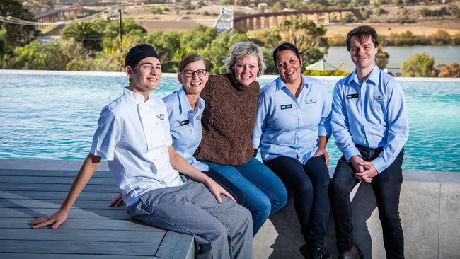 Hotel general manager Mary-Lou Corcoran (middle) with Shaun Hourihan, apprentice chef, Kristen Collis, housekeeping attendant, Diane Marks, food and beverage functions attendant, and Josh Clark, bar attendant. Picture: Tom Huntley