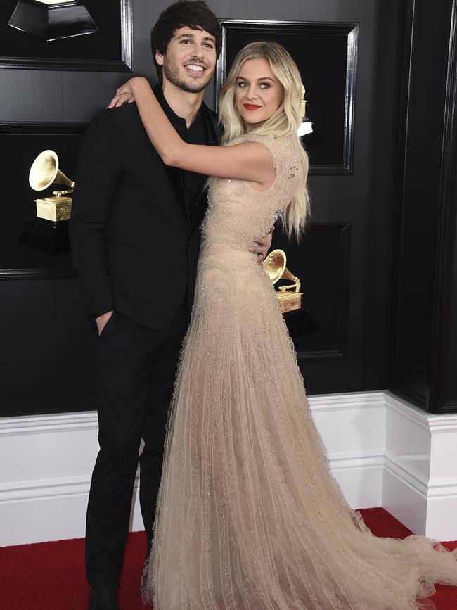 Morgan Evans, left, and Kelsea Ballerini arrive at the Grammys. Picture: Getty