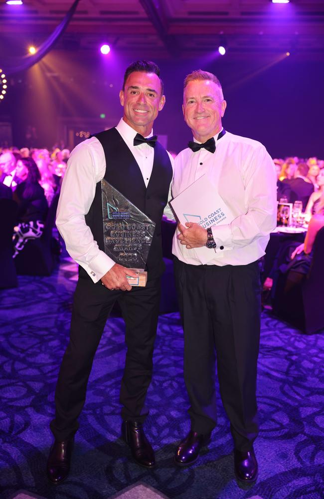 Jimmy Black and Chris Sommerville at the Gold Coast Business Excellence Awards Black-tie Gala 2023 at The Star Gold Coast. Picture: Portia Large