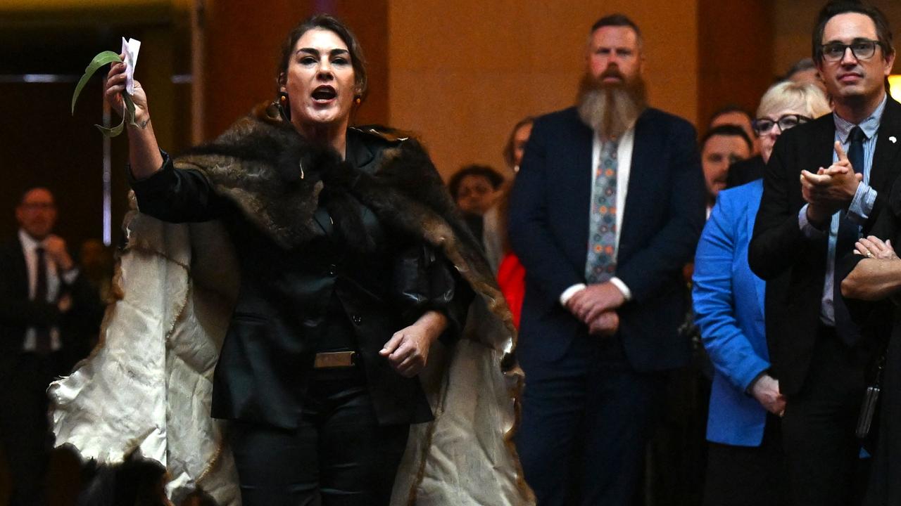 Australian Senator Lidia Thorpe disrupts proceedings as Britain's King Charles III and Queen Camilla attend a Parliamentary reception at Parliament House in Canberra on October 21. Picture: Lukas Coch/POOL/AFP