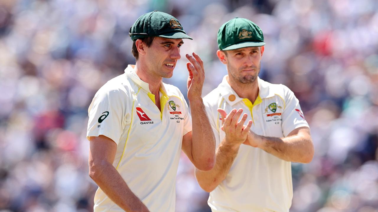 Australia’s Test captain Pat Cummins chats to Mitchell Marsh during the recent Ashes Test series. Picture: Getty Images