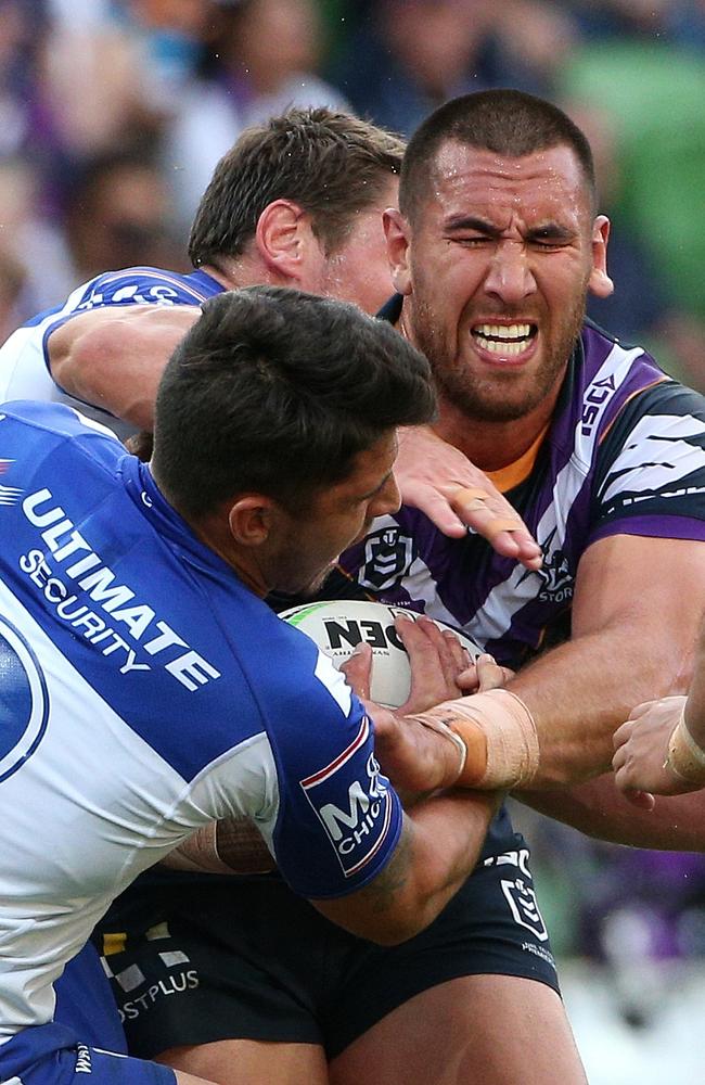 Nelson Asofa-Solomona went big for the Storm against the Bulldogs. (AAP Image/Hamish Blair) 