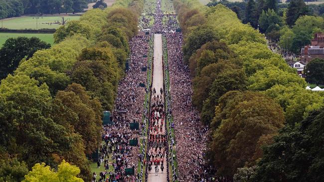 The Ceremonial Procession of the coffin of Queen Elizabeth II travels down the Long Walk as it arrives at Windsor Castle for the Committal Service at St George's Chapel. Picture: AFP