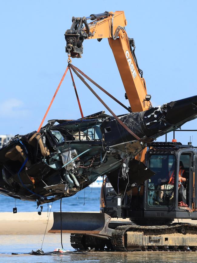 The wreckage removed from the crash scene where four people were killed and more injured after two helicopters collided near Sea World on the Gold Coast. Picture: NCA NewsWire / Scott Powick