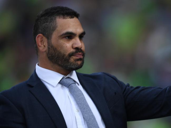 Former Rabbitohs player Greg Inglis joins the lap of honour for retiring players during the 2019 NRL Grand Final between the Canberra Raiders and the Sydney Roosters at ANZ Stadium in Sydney, Sunday, October 6, 2019. (AAP Image/Dean Lewins) NO ARCHIVING, EDITORIAL USE ONLY