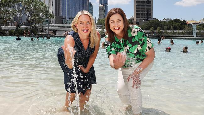 Tourism Minister Kate Jones (left) and Premier Annastacia Palaszczuk launch the Government’s holiday at home campaign at South Bank. Picture: Annette Dew