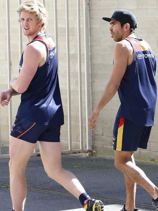 Adelaide Crows players Rory Sloane and Eddie Betts after a training session on Monday. Picture: Sarah Reed.