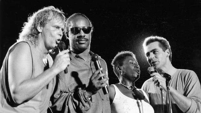 John Farnham on his Whispering Jack tour at the Thebarton Theatre in Adelaide, 1987, with Stevie Wonder.