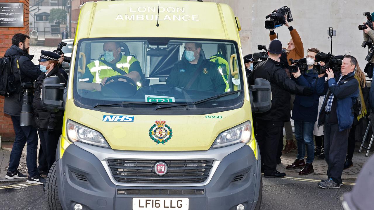 An ambulance leaves from the rear entrance of King Edward VII’s Hospital on March 1, where Philip had been since February 16. Picture: Tolga Akmen/AFP