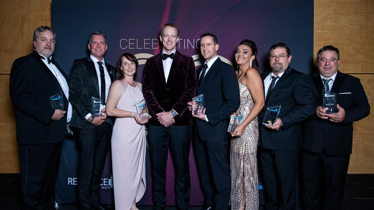 From L-R: Standing Out From the Crowd winner Tony Zahra (Mastermyne), Safety Foremost winner Craig Bogaarts (QCCS), Champion Culture Award winner Justin Joubert (Fitzroy Australia Resources), Chasing Foreign Markets winner Corey Vaughan (2Censor), Resource Industry Network chair David Hartigan, Connecting in the Community winner Leonie Nicholson (CQ Field Mining Services), Out of the Box winner Darren Warhurst (SMW Group), and Striving for Diversity winner Andrea Campain (Ignite Up HQ) at the 2021 Resource Industry Network awards at the MECC: Picture: Tristan Mariano