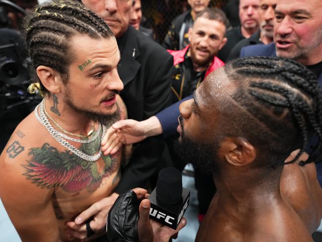 NEWARK, NEW JERSEY - MAY 06: (L-R) Sean O'Malley and Aljamain Sterling have words after Sterling's victory over Henry Cejudo in the UFC bantamweight championship fight during the UFC 288 event at Prudential Center on May 06, 2023 in Newark, New Jersey. (Photo by Chris Unger/Zuffa LLC via Getty Images)