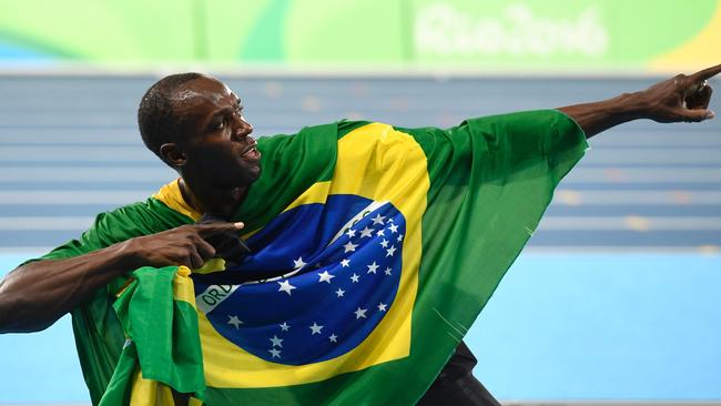 Jamaica's Usain Bolt celebrates his team's victory at the end of the Men's 4x100m Relay Final during the athletics event at the Rio 2016 Olympic Games. Picture: AFP