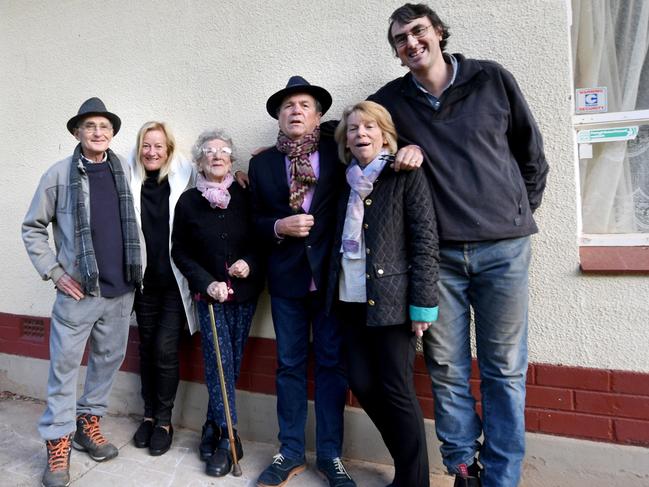 Glenn Shorrock, middle, flanked by his Elizabeth East neighbours Sam Steel (left) and Andrew Thompson (right) popped over to say g’day to Glenn’s wife Jo, mother Joyce and sister Lynda; Picture: Tricia Watkinson