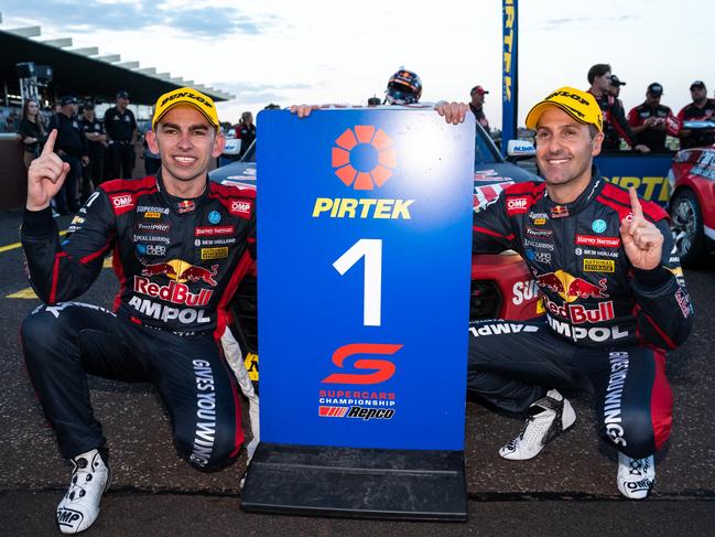 Jamie Whincup (R) and Broc Feeney celebrate the win. Picture: Daniel Kalisz/Getty