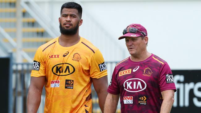 Broncos prop Payne Haas and coach Kevin Walters. Picture: Liam Kidston