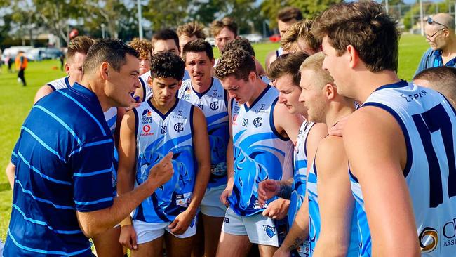 Glenunga coach Nathan Grima addresses his team during a division two win last season. Picture: Max Stapleton