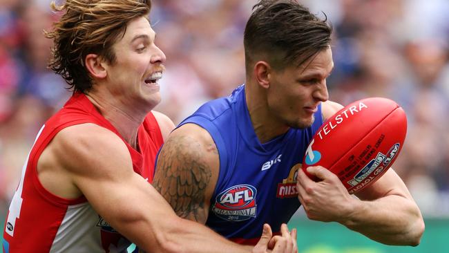 Dane Rampe had his hands full in defence but stood up. Picture: Mark Stewart