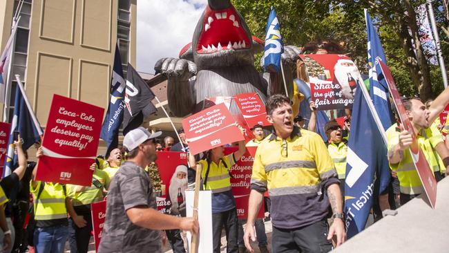 Workers protested outside the Coca-Cola offices in Sydney. Picture: NewsWire / Jeremy Piper