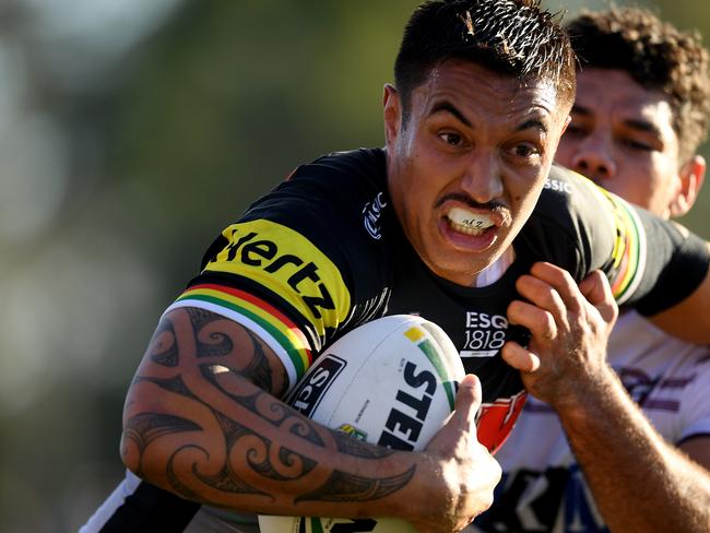 Dean Whare of the Panthers is tackled by Brian Kelly of the Sea Eagles during the Round 16 NRL match between the Penrith Panthers and the Manly-Warringah Sea Eagles at Panthers Stadium in Sydney, Saturday, June 30, 2018. (AAP Image/Dan Himbrechts) NO ARCHIVING, EDITORIAL USE ONLY