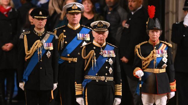 The Queen’s four children, Prince Edward, Prince Andrew, King Charles III and Princess Anne mount a vigil around the coffin of Queen Elizabeth II. Picture: Daniel Leal/AFP