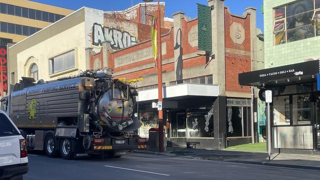 Part of Liverpool Street was closed on Saturday while TasWater repaired a burst water main. Picture: Genevieve Holding