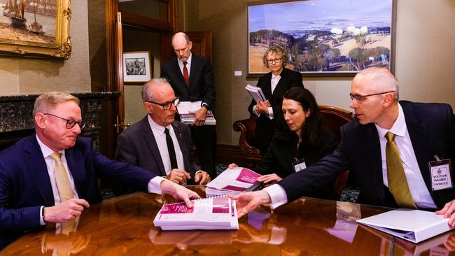 The report was furnished to the President of the Legislative Council Ben Franklin (left) and Speaker of the NSW Legislative Assembly Greg Piper (centre left) on Thursday morning. Picture: NCA NewsWire/ pool/ James Brickwood