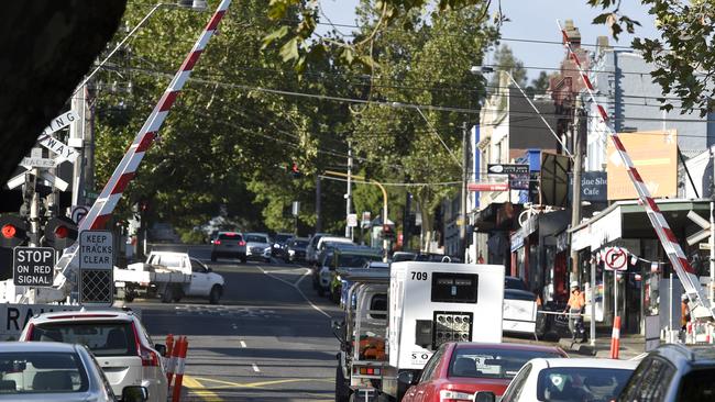 Level crossing boom gates at Surrey Hills railway station. Picture: Andrew Henshaw