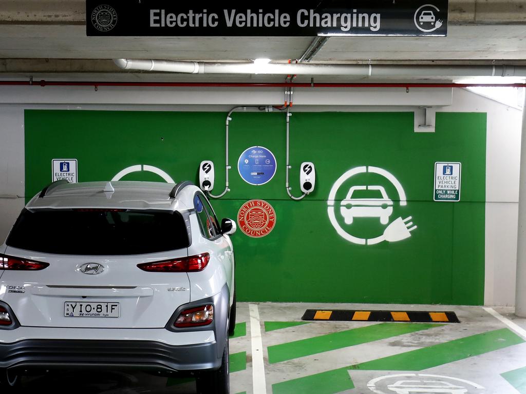 A Hyundai KONA Electric charges at a EV charge station in Crows Nest. Picture: Brendon Thorne/Getty Images