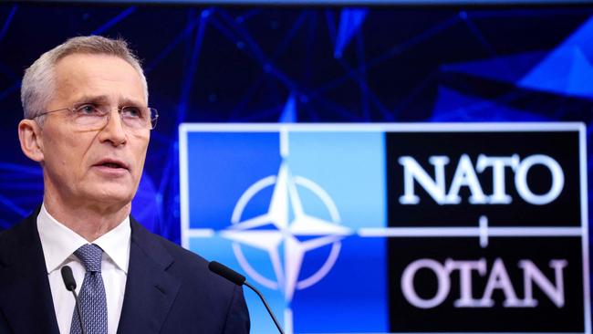 NATO Secretary-general Jens Stoltenberg announces Finland joining NATO. Picture: AFP