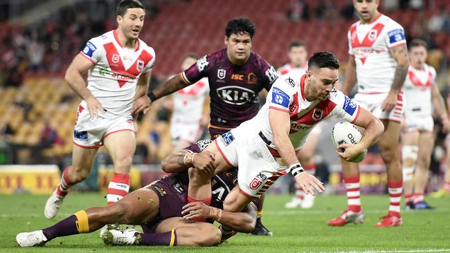 Corey Norman scores the Dragons’ second try after just five minutes against Brisbane at Suncorp Stadium on Friday night. Picture: Getty Images