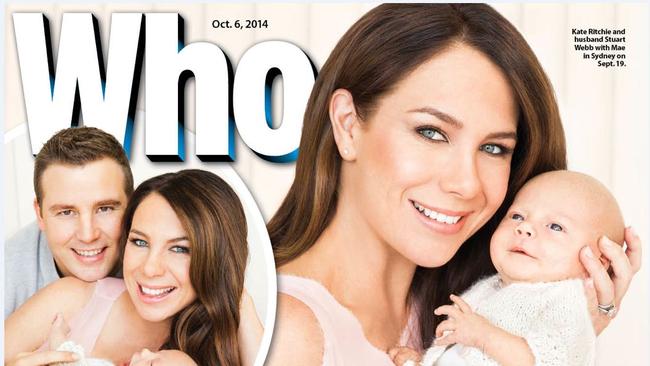 WHO Magazine cover featuring Kate Ritchie and her new baby, Mae. Picture: WHO / Supplied