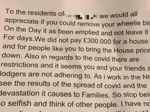 Woman receives note from neighbours about her wheelie bins. Picture: BPM Media/australscope