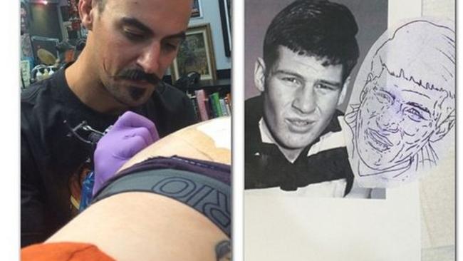 Dane Swan getting a Sam Newman tattoo on his bottom. Source: Instagram/danes84